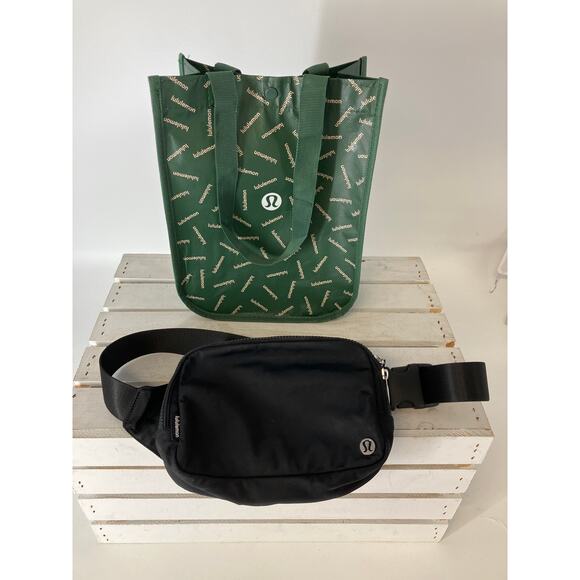 LULULEMON BLACK WAIST BELT BAG WITH GREEN SHOPPING TOTE - Picture 1 of 16